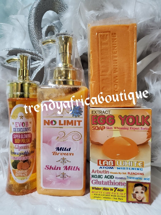 3in1 Bright & GLOW combo. No limit mild Brown skin brightening, softening and moisturizing body lotion, xx-exclussive talking Glycerine & Labwhite egg yolk Soap