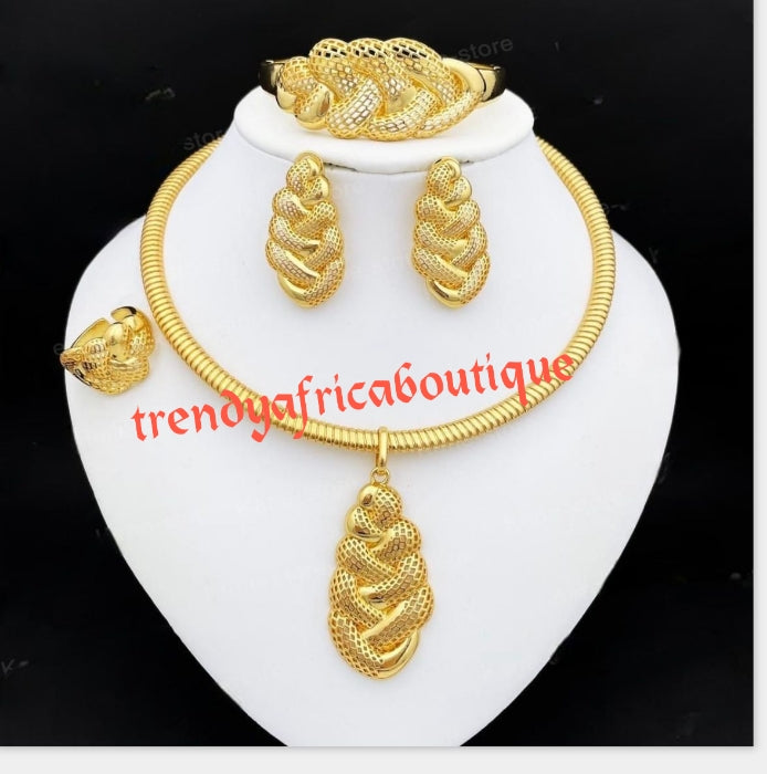 4pcs 18k electroplated choker pendant set. drop pendant, earrings, bangle & adjustable ring set.Long lasting hypoallergenic plating. Sold as a set and price is for the set.