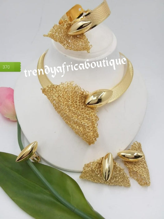 Elegant Dubai 4pcs 18k electroplated choker necklace, matching earrings, bangle & adjustable ring. hypoallergenic plating. Sold as a set and price is for the set. As shown in display photo.