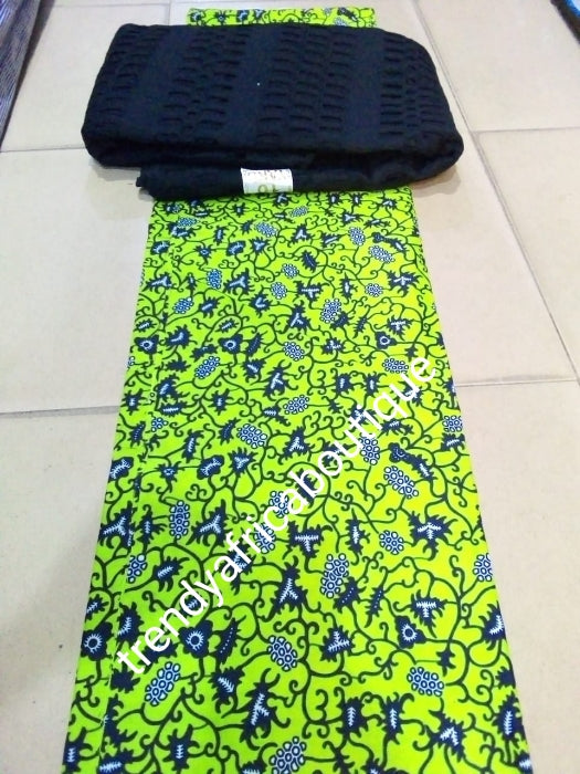 New African wax print- green Ankara + black dry lace combination pack. 3yard ankara and 2 yards dry lace in a pack. Luxuriouse quality ankara.  Veritable wax print