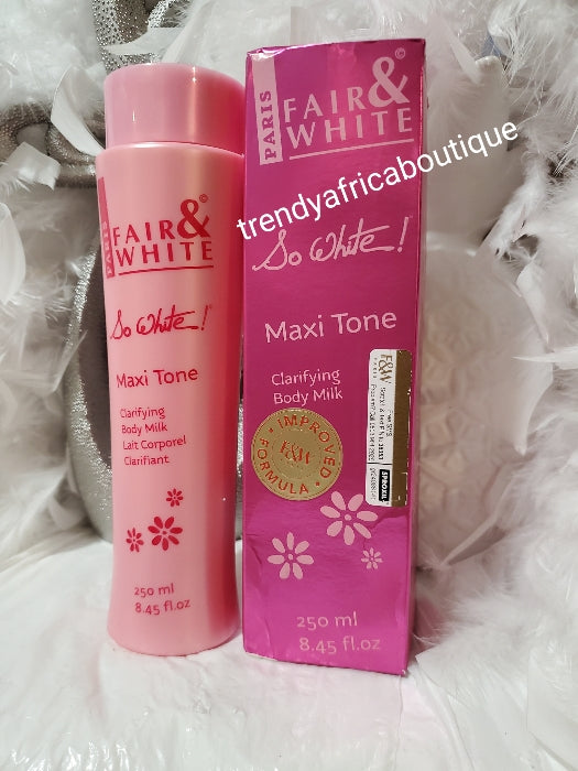 Back in stock: Fair & White so white Maxi tone Clarifying body milk 250ml x 1 bottle. 💯  AUTHENTIC body lotion direct from manufacturer.  💯 Satisfaction