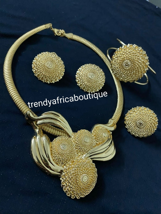4pcs 18k electroplated choker necklace, matching earrings, bangle & adjustable ring. hypoallergenic plating. Sold as a set and price is for the set. As shown in display photo.
