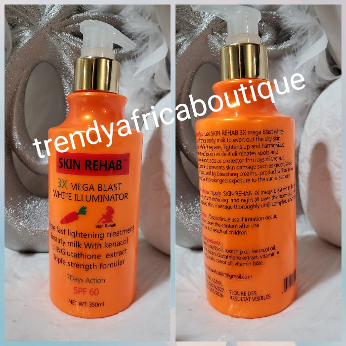 X 2 bottles sale: Skin Rehab 3x maga blast white illuminator triple action fast lighting, glowing and treatment body lotion with kenacol oil, glutathion extracts. 350ml 3 bottle. 7 days action with SPF60