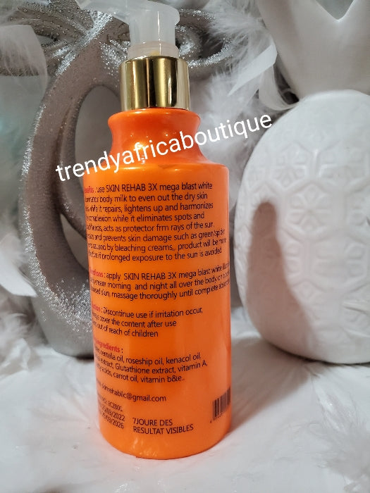 X 2 bottles sale: Skin Rehab 3x maga blast white illuminator triple action fast lighting, glowing and treatment body lotion with kenacol oil, glutathion extracts. 350ml 3 bottle. 7 days action with SPF60