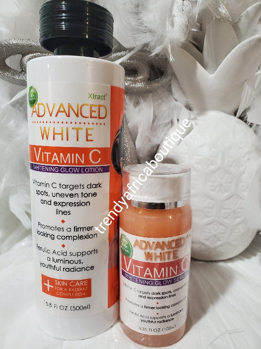 Advanced White Vitamin C whitening GLOW body lotion 500ml  &  serum 100ml, promote firmer looking complexion. Visibly reduce the look of age spots & dark spots