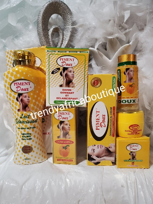 6 in 1 combo of Piment doux classique lotion, serum, face cream, knuckle cleanser, soap and tube cream. Super lightening, and clears hyperpigmentations areas