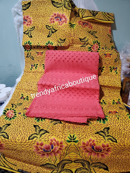 African wax print- Ankara + pink lace combination pack. 3yard ankara and 2 yards dry lace in a pack. Luxuriouse quality ankara.  Veritable wax print