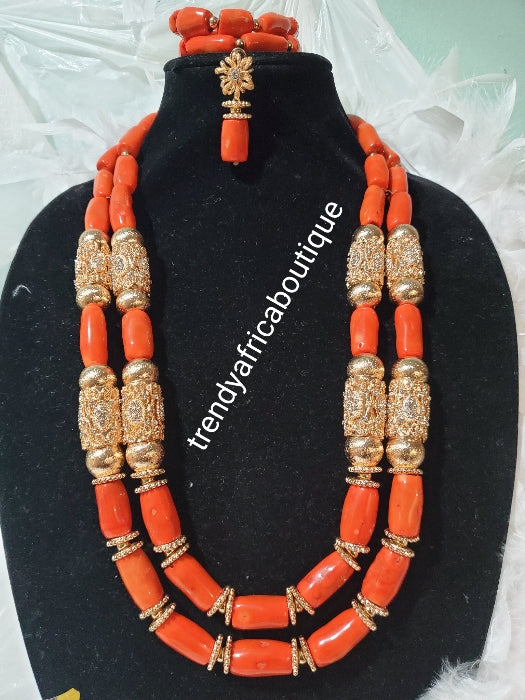 2 rows Edo coral-necklace set. Traditional Bridal wedding Coral beads+earrings and double Bracelets. Exclusive Nigerian Native bead design with gold accessories sold per set. Bridal-accessories