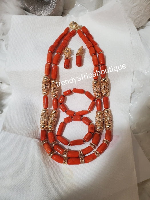 2 rows Edo coral-necklace set. Traditional Bridal wedding Coral beads+earrings and double Bracelets. Exclusive Nigerian Native bead design with gold accessories sold per set. Bridal-accessories