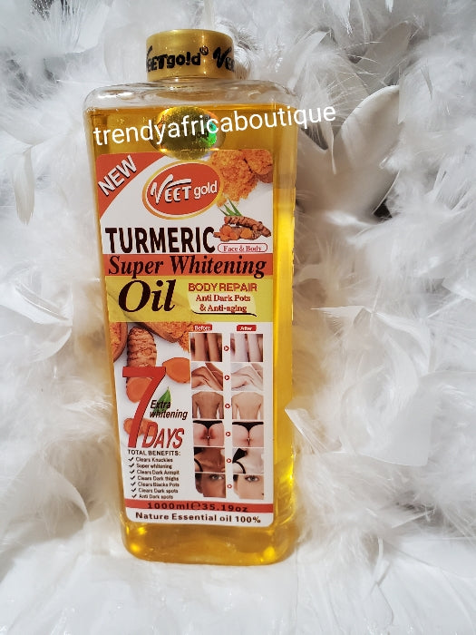 Veet Gold tumeric oil with PUMP super whitening for face & body 1000mlx1. Mix into body lotion or use by itself. BEWARE OF FAKE