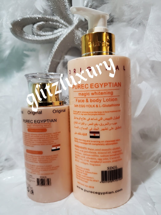 NEW ORIGINAL Purec Egyptian magic Whitening body lotion and ORGANIC FORMULAR serum/oil. With Tumeric, AHA, KOJIC etc.100ml× 1 bottle. formulated to evenly lighten, remove discolorations