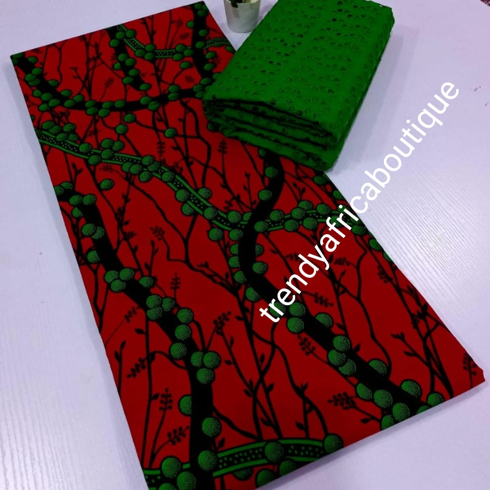 Grüne Trockenspitze + passendes Blumenmuster Roter afrikanischer wahrer Wachsdruck-Kombinationssatz 3 Yard Ankara und 2 Yards Trockenspitze in einer Packung. Luxuriöses Qualitäts-Ankara. Wahrer Wachsdruck