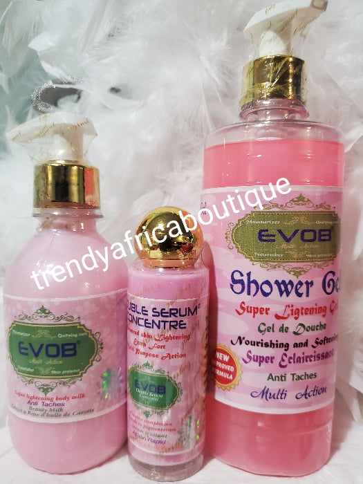 Evob multi action body lotion, serum and shower gel. Nourishes, super lightening anti blemishes and anti pigmentation combo