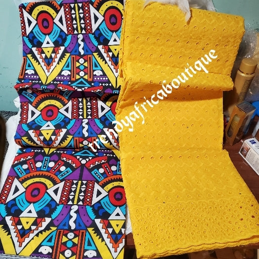 Mehrfarbiges afrikanisches Wachs-Kunstwerk aus Ankara + babygelbe Spitzen-Kombinationspackung. 3 Yard Ankara und 2 Yards trockene Spitze in einer Packung. Luxuriöses Qualitäts-Ankara. Wahrer Wachsdruck