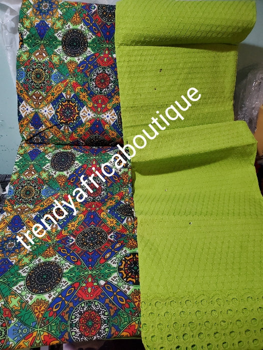 African wax print multi color light green art work Ankara + light green dey  lace combination pack. 3yard ankara and 2 yards dry lace in a pack. Luxuriouse quality ankara.  Veritable wax print