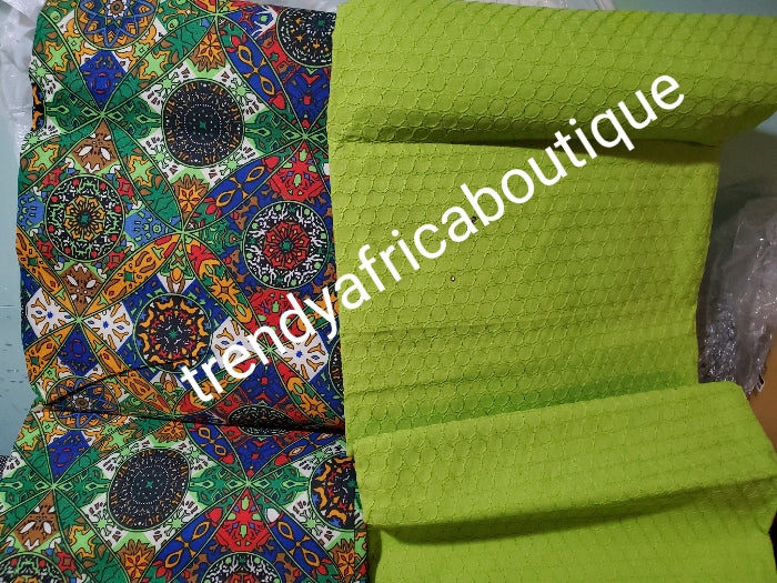 African wax print multi color light green art work Ankara + light green dey  lace combination pack. 3yard ankara and 2 yards dry lace in a pack. Luxuriouse quality ankara.  Veritable wax print
