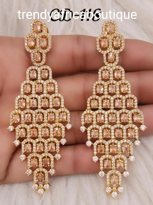 GOLD 22k electroplated America Diamond-earings candallier drops. Hand set with quality dazzling CZ stones. Original quality, hypoallergenic. Light weight drop-earrings