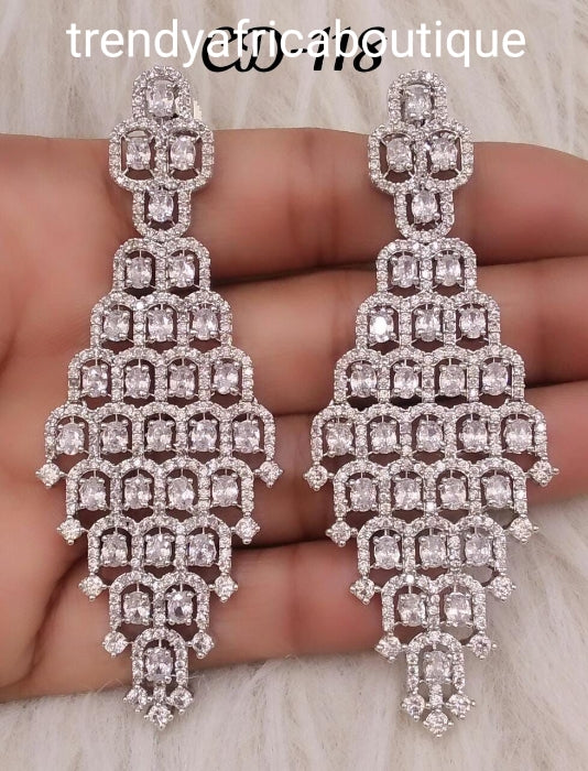 Silver 22k electroplated America Diamond-earings candallier drops. Hand set with quality dazzling CZ stones. Original quality, hypoallergenic. Light weight drop-earrings