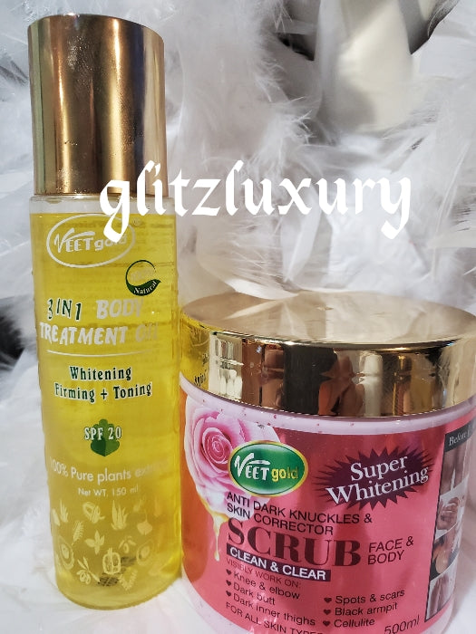 Veet Gold 3 in 1 Gesichts- und Körperbehandlungsserum/Öl und Veet Gold Whitening Body Scrub, 500-g-Glas