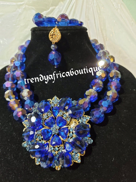 2 rows choker bold Royal blue glass beaded-necklace,  Earrings,&  bracelets. Sold as a set. Bridal wedding accessories royal blue /gold accessories