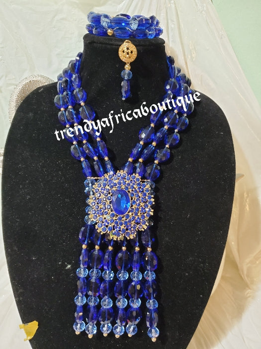 3 rows bold Royal blue glass beaded-necklace set. Earrings, 2 bracelets and multi drop necklace. Sold as a set. Bridal wedding accessories royal blue /gold accessories