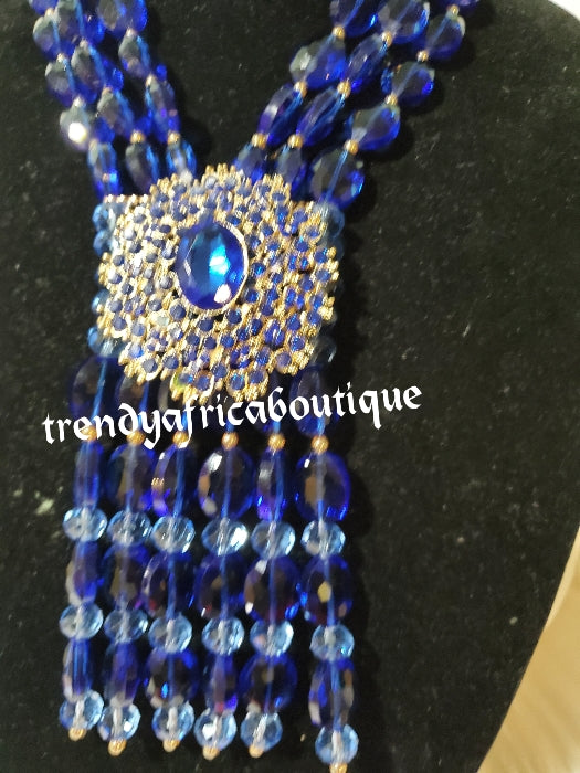 3 rows bold Royal blue glass beaded-necklace set. Earrings, 2 bracelets and multi drop necklace. Sold as a set. Bridal wedding accessories royal blue /gold accessories