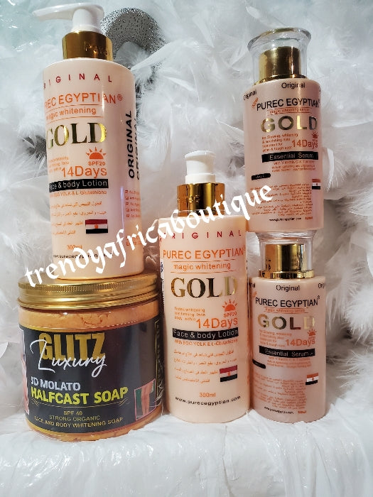Perfect combo:5pcs set: Glitzluxury 5D HALFCAST molato soap + 2 Purec Egyptian body Lotion + 2 Purec ORGANIC FORMULAR serum/oil. Flawless silky complexion