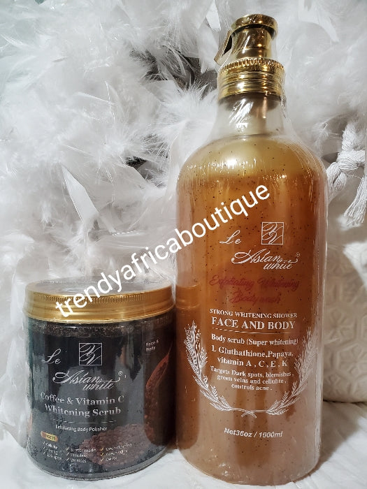 2ps. Set of Le asian white. Shower gel and  coffee, coconut, sea salt body scrub, super whitening and skin polisher body scrub. Best deal