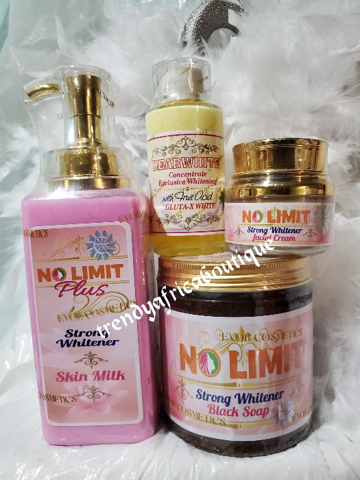 4pcs set of Original NO LIMIT PLUS Strong Whitener skin milk 500ml+ dear white concentre whitening serum 60ml, + NO LIMIT Face cream + No Limit Whitening black soap.  100% response on dark spots and skin irregularities.