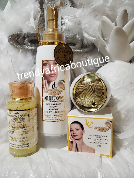 3 n 1 Original lait teint Diamant glutathion comprime whitening set: body lotion 500ml, face cream 30g, & glutathion comprime serum combo.  Formulated with glutathion tablet, alpha arbutin, Vitamin C to give you that natural whitening glow