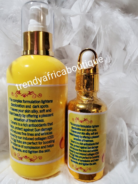 4pcs.2 body lotion and 2 serum:  EVOB Yellow Cece Body Free glowgetter beautying milk formulated with Egg yolk, tumeric extracts, KOJIC acid etc. SUPER LIGHTENING . For all skin type.