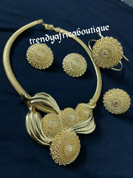 4pcs 18k electroplated choker necklace, matching earrings, bangle & adjustable ring. hypoallergenic plating. Sold as a set and price is for the set. As shown in display photo.