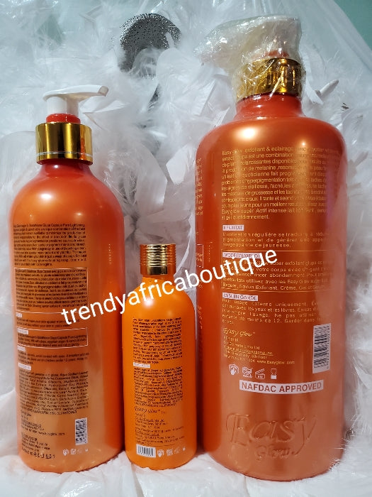 3pcs combo:  Authentic Easy Glow strong lightening, glowing body lotion, shower gel & serum with L-Glutathion capsule and carrot extracts 3x skin glowing body