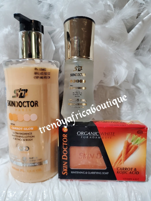 Skin Doctor Carrot Glow 3pcs set.  face and body lotion, serum & soap. Glowing & lightening face and body, . Formulated with all natural formula  Hydroquinone free!! Your skin will thank you!!