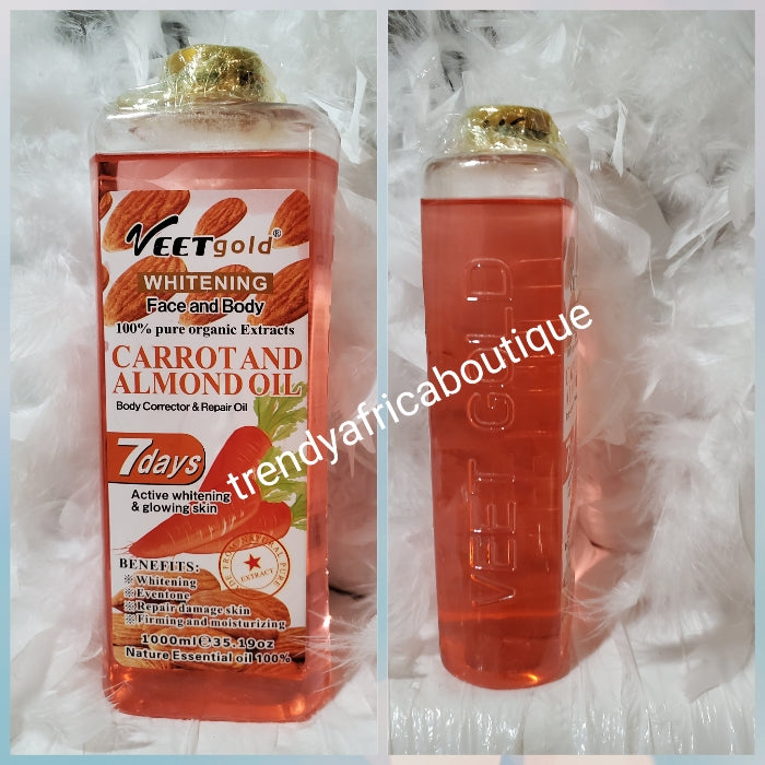 Veet gold  whitening, glowing oil for face & body. Formulated with carrot & almond 1000mlx1. Mix into body lotion or use by itself. BEWARE OF FAKE!!