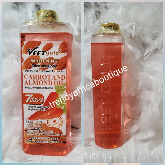 BACK IN STOCK!!! Veetgold carrot & Almond whitening, glowing oil for face & body with Pump. Formulated with carrot & almond 1000mlx1. Mix into body lotion or use by itself. BEWARE OF FAKE!!