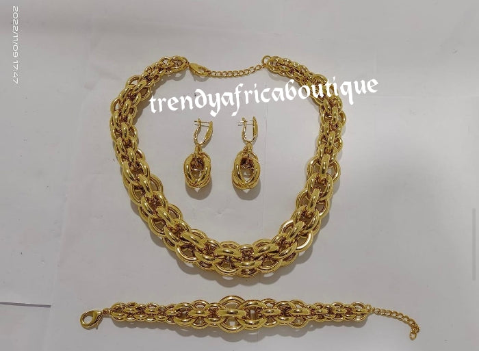 Elegant18k gold plated choker necklace + matching earrings, and bracelet. hypoallergenic plating. Sold as a set and price is for the set. As shown in display photo.