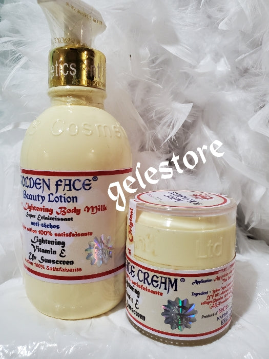 8pcs. Combo set: Original Golden face beauty milk 250ml, face cream,serum 60ml, facial soap, black soap,essential oil, face cleanser & shower gel set for all skin type.