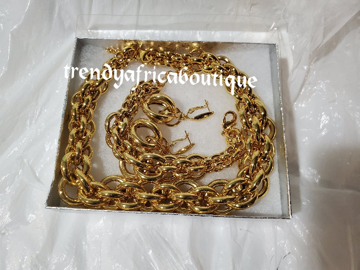 Elegant18k gold plated choker necklace + matching earrings, and bracelet. hypoallergenic plating. Sold as a set and price is for the set. As shown in display photo.
