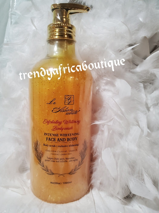 Le Asian white exfoliating shower gel with carrot extracts. Super whitening, targets green veins, cellulite, and is anti ageing. 1000mlx 1