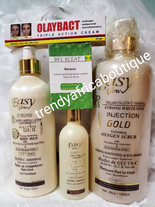 5 n 1 Combo: Easy Glow GOLD STRONG whitening body lotion 500ml, shower gel 1000ml & serum, Gluta C 180000mg. Fast action PLUS OLAYBACT CREAM AND ECLAT KENACOL