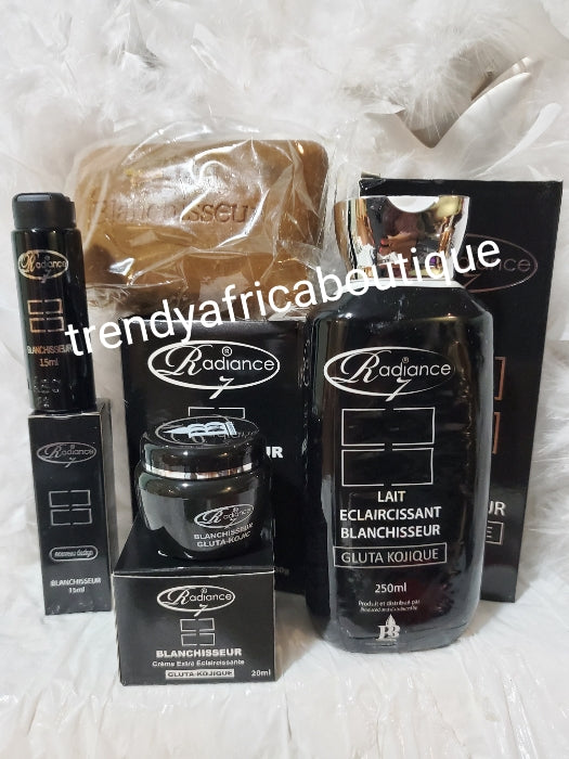 4pcs RADIANCE 7 Blanchisseur body milk 250mlx, face cream, exfoliating soap and serum. Strong whitening set. gluta & kojic, vegetable extract.