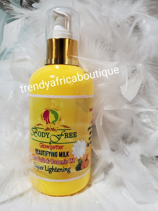 4pcs.2 body lotion and 2 serum:  EVOB Yellow Cece Body Free glowgetter beautying milk formulated with Egg yolk, tumeric extracts, KOJIC acid etc. SUPER LIGHTENING . For all skin type.