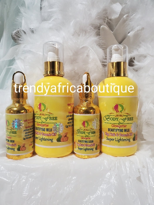 4pcs.2 body lotion and 2 serum:  EVOB Yellow Cece Body Free glowgetter beautying milk formulated with Egg yolk, tumeric extracts, KOJIC acid etc. SUPER LIGHTENING . For all skin type.