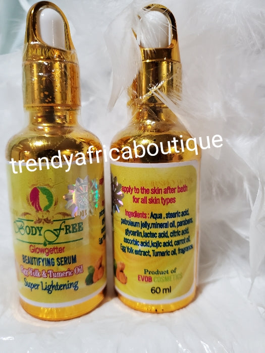 60ml x 1 bottle sale. EVOB Yellow Cece Body Free glowgetter beautying serum/oil formulated with Egg yolk, tumeric extracts, KOJIC acid etc. SUPER LIGHTENING serum For all skin type.