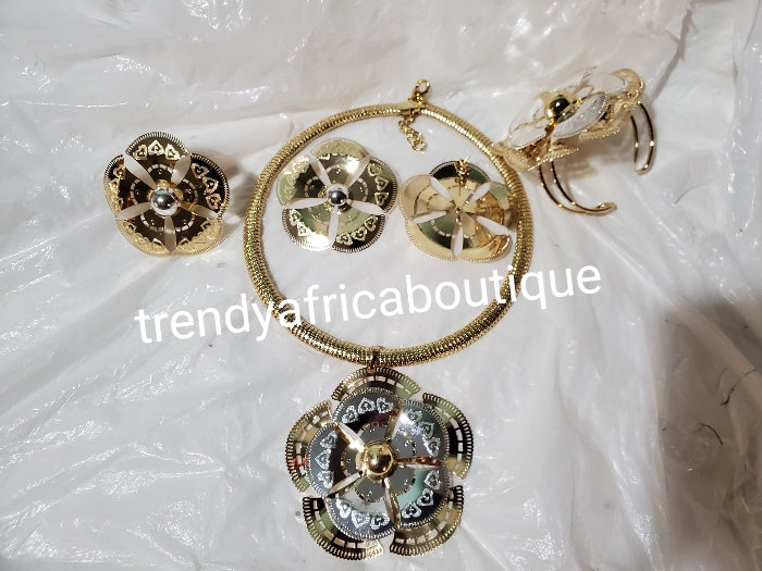 4pcs 2 tone Elegant Dubai 18k electroplated choker pendant necklace, matching earrings, bangle & adjustable ring. hypoallergenic plating. Sold as a set and price is for the set. As shown in display photo.