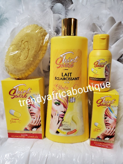 3 in 1  Teint Sucre lait ecclaircissant GLUTATHION + vit. -C purifying body lotion 500mlx1, soap and intense whitening serum 100% satisfaction.