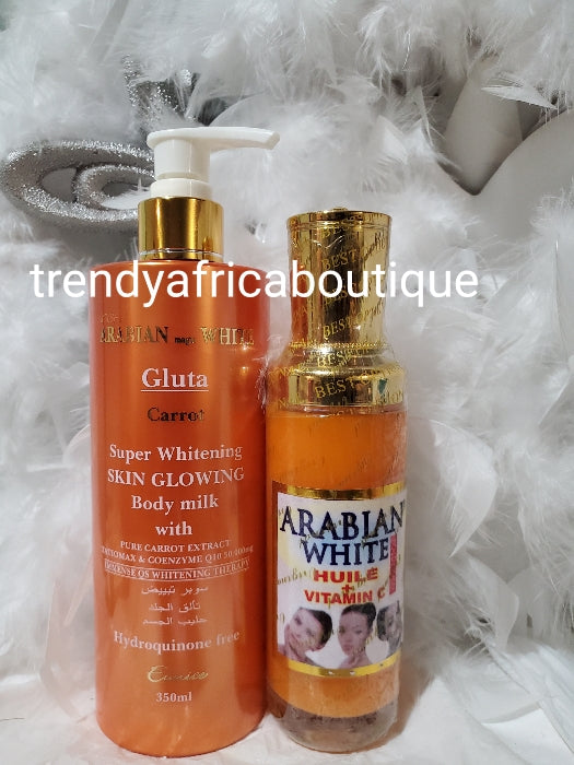 2 in 1 Arabian magic white Gluta carrot and Arabian white vit. C oil. super skin whitening and glowing body lotion 350ml. Formulated with carrots extracts+ skin glowing ingredients