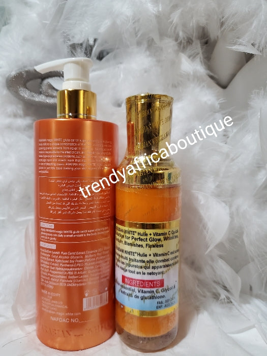 2 in 1 Arabian magic white Gluta carrot and Arabian white vit. C oil. super skin whitening and glowing body lotion 350ml. Formulated with carrots extracts+ skin glowing ingredients