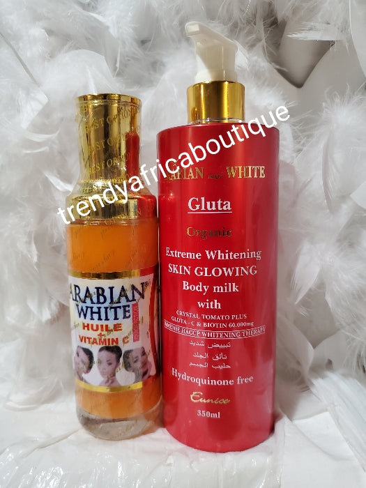 2 in 1 Arabian magic white. Gluta organic skin glowing body milk + arabian white serum/oil with vit. C. Hydroquinone Free!! Excellent whitening therapy.